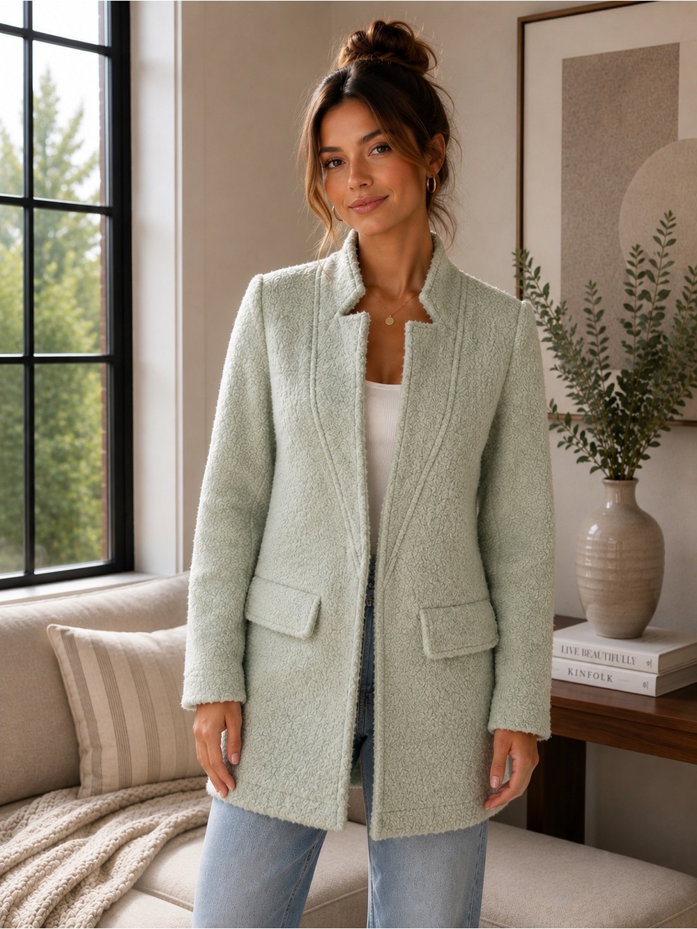 Sz S Glamorous Boucle Teddy Sage Green Peacoat $125 MSRP
